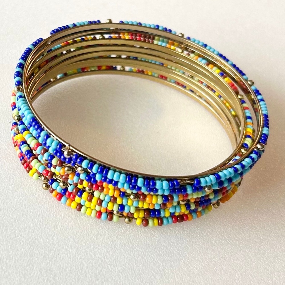 Vintage Glass Seed Bead Bangle Set of Eight on Brass  8.5” Multi Color